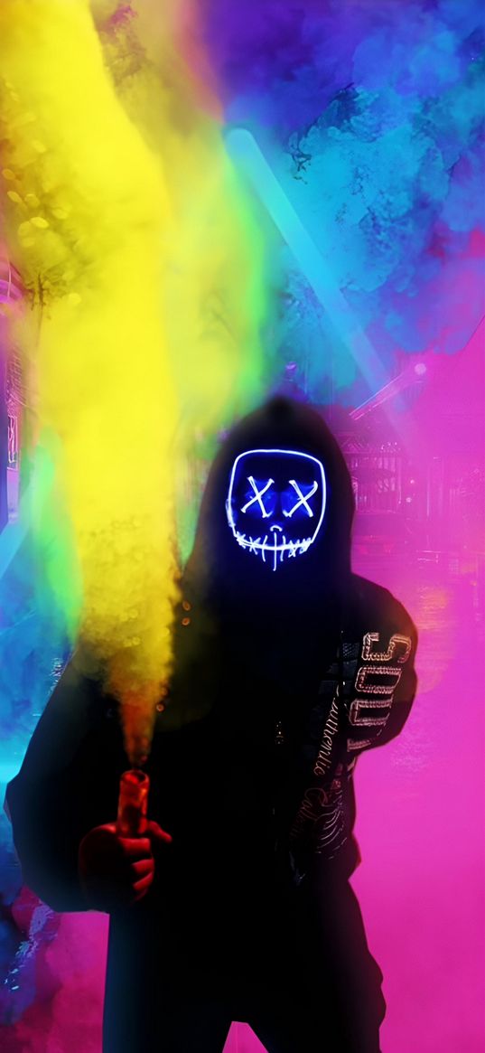 mask, hood, hoodie, neon, smoke, paint, multicolored