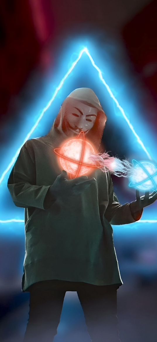 anonymous, mask, hood, hoodie, neon, triangle, balls, magic