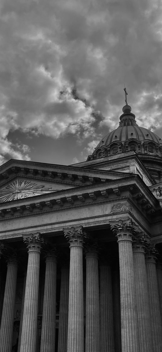 kazan cathedral, cathedral, architecture, sky, black and white