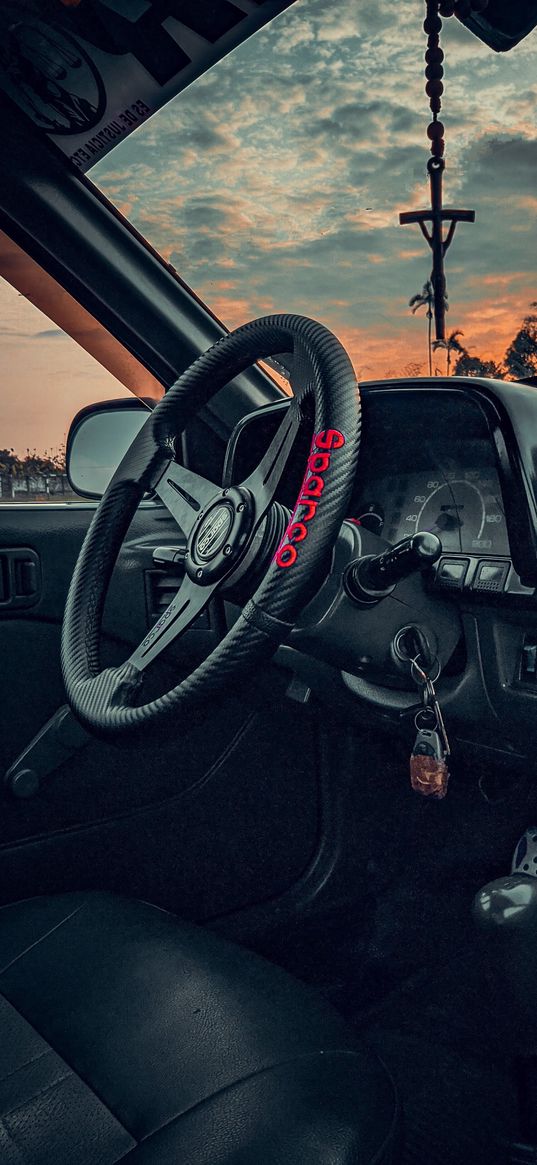 car, interior, red, black, sunset