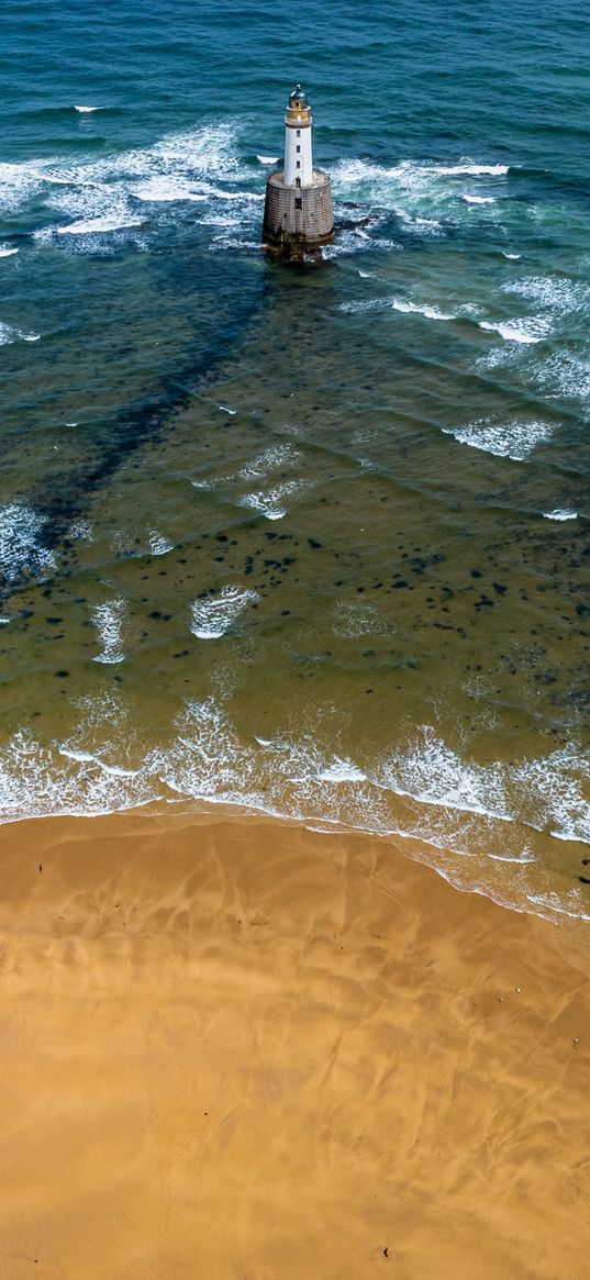 lighthouse, sea, foam, waves, shore, bottom