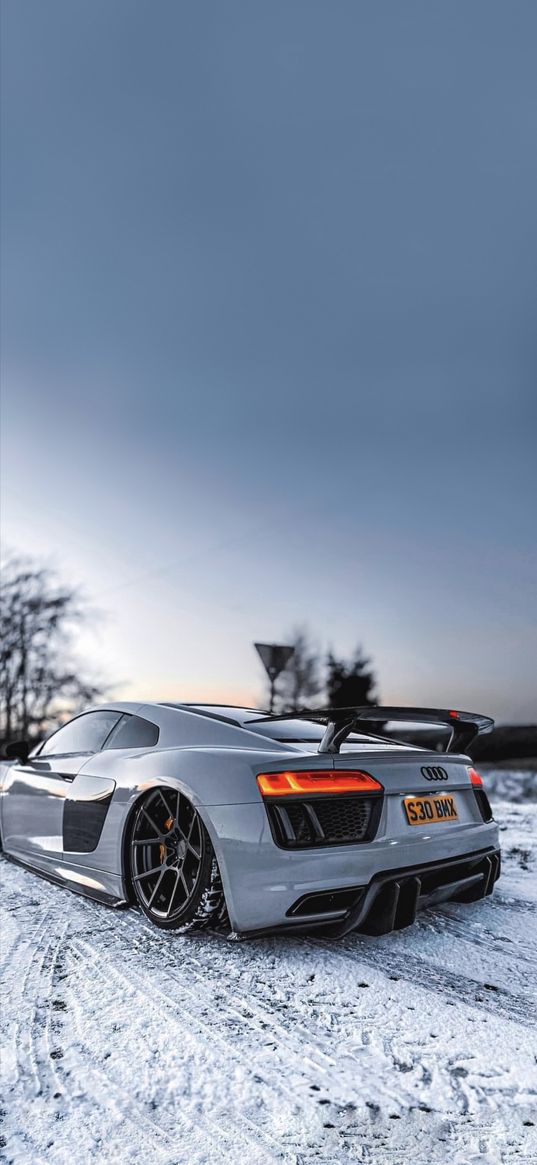 audi r8, r8, rs7, rs, cars, snow, audi back, blue sky, winter, white