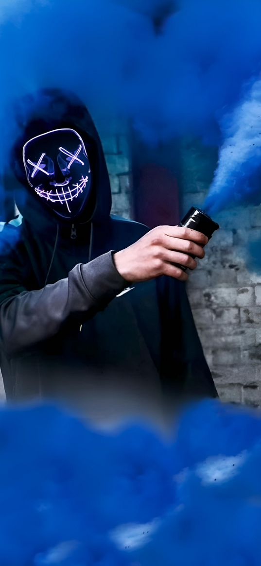 mask, hood, smoke, smoke bomb, blue