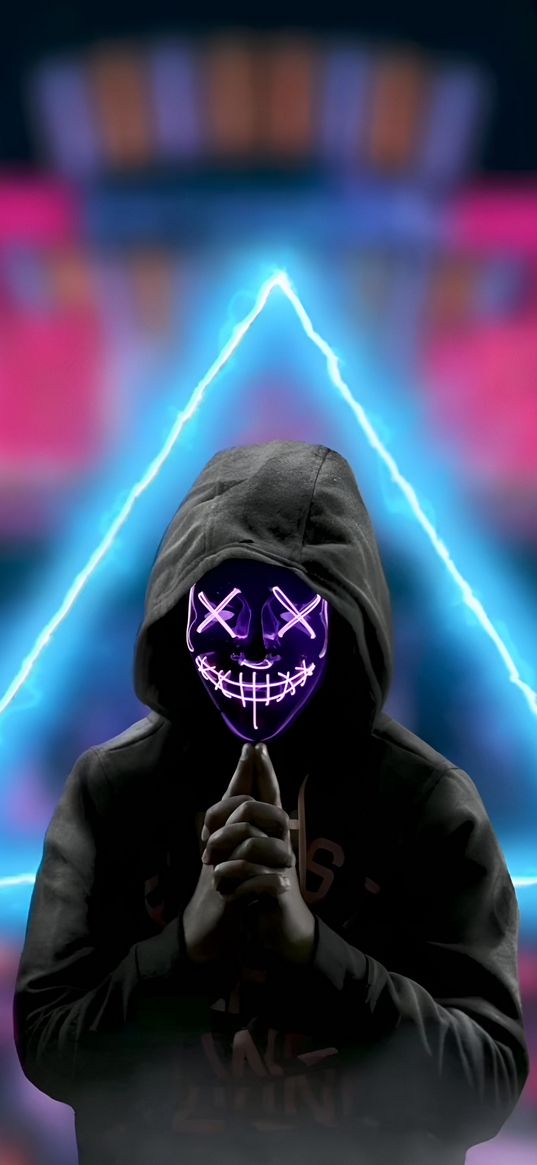 mask, triangle, hood, neon