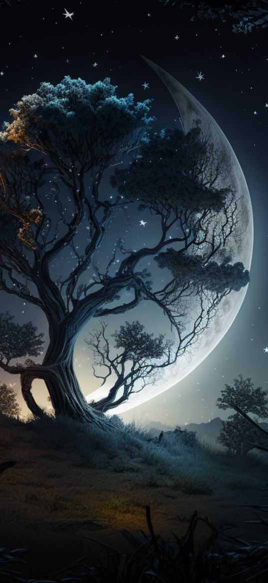 night, tree, nature, moon, fabulous, art