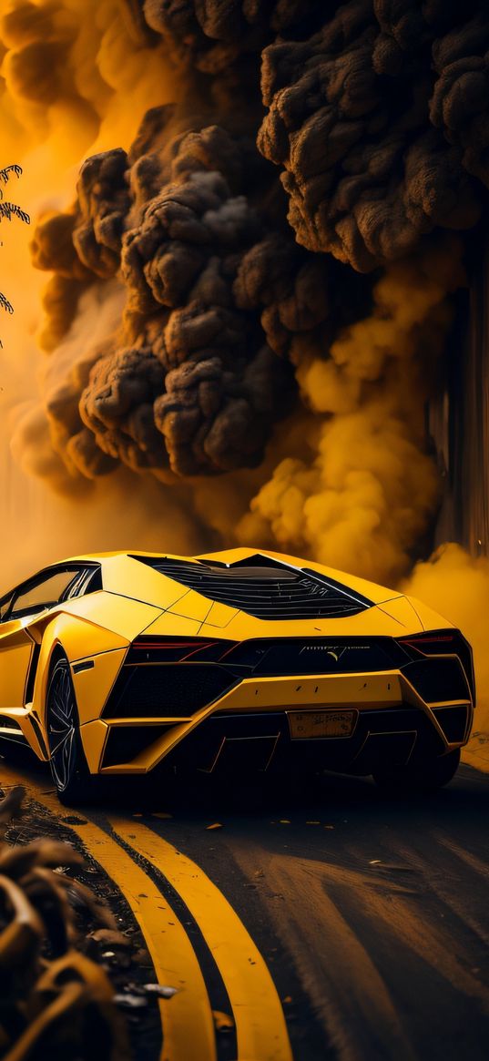 sports car, car, auto, yellow, smoke, black