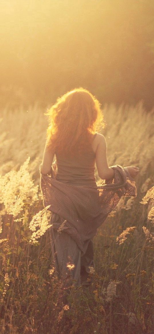 girl, field, grass, walk, wind