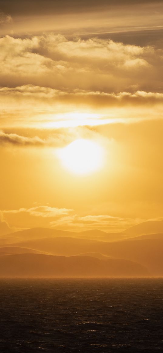 sea, horizon, hills, clouds, twilight