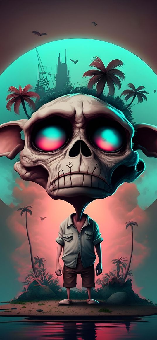 skull, man, island, palm trees, sun, ai, art