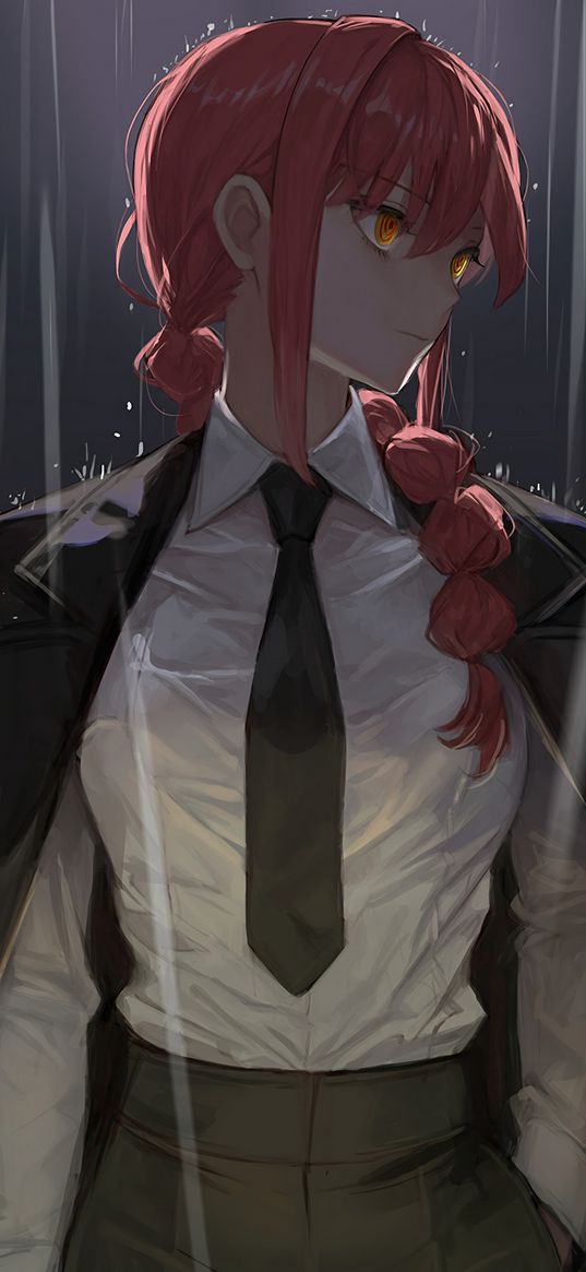 makima, chainsaw man, anime, girl, jacket, business suit, rain, art