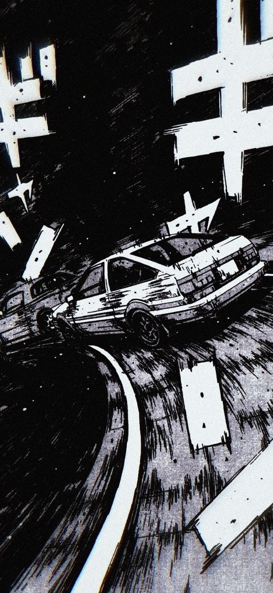 cars, race, road, hieroglyphs, manga, black and white art