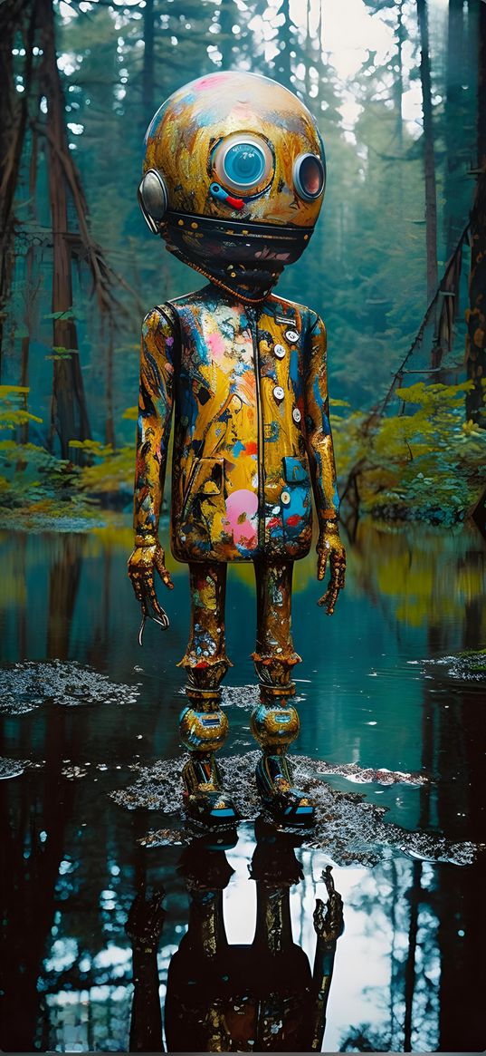 robot, lake, trees, forest, ai, art