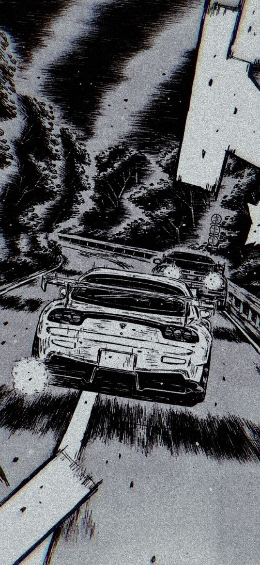 sports cars, cars, race, speed, road, hieroglyphs, manga, black and white art