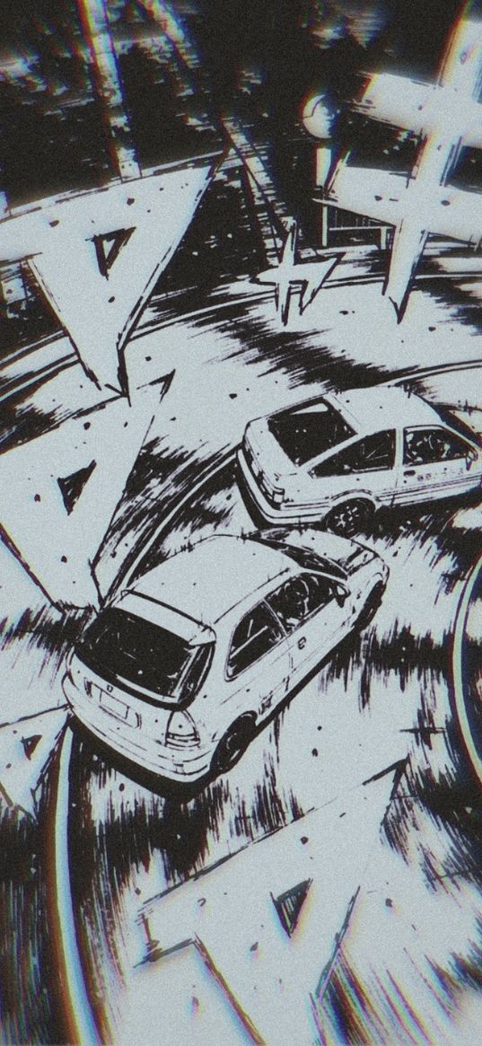 sports cars, cars, race, speed, drift, road, hieroglyphs, manga, black and white art