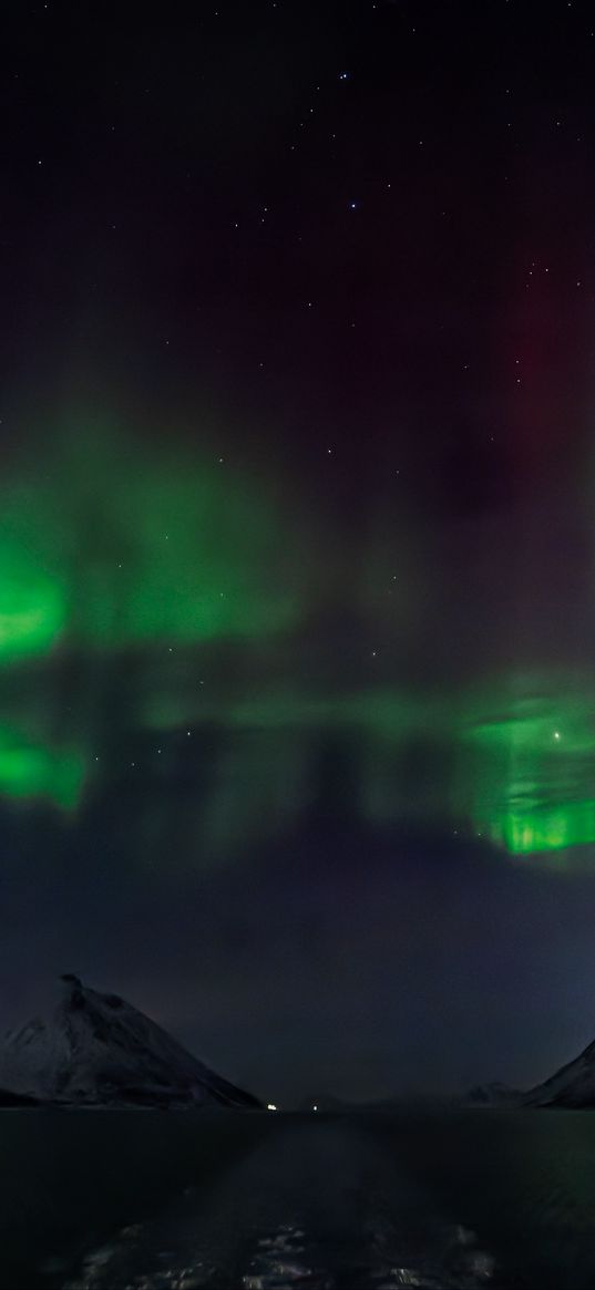 road, northern lights, night, mountains