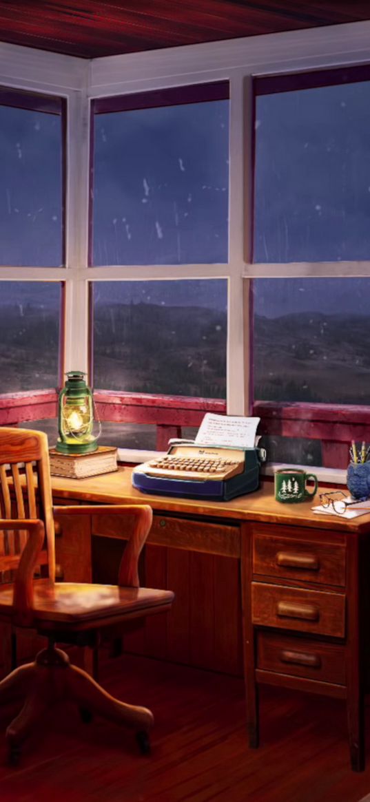 typewriter, lamp, cup, chair, table, window, rain, office, comfort, art