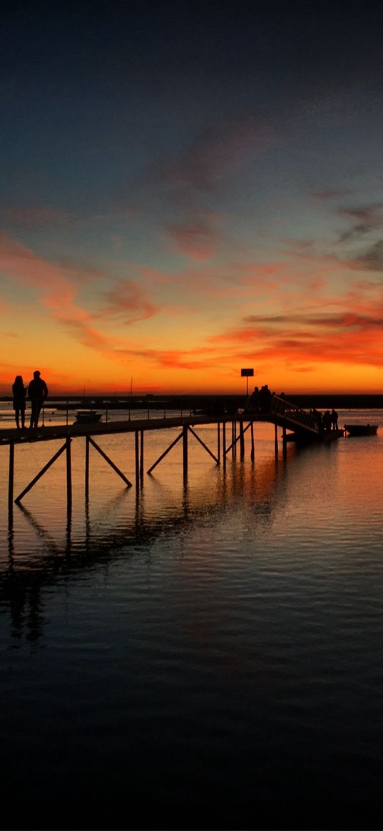 pier, couple, silhouettes, sea, evening