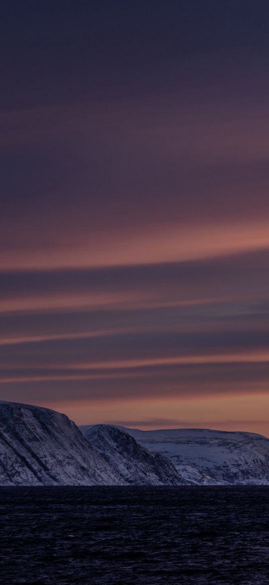 sea, mountains, snow, evening, landscape