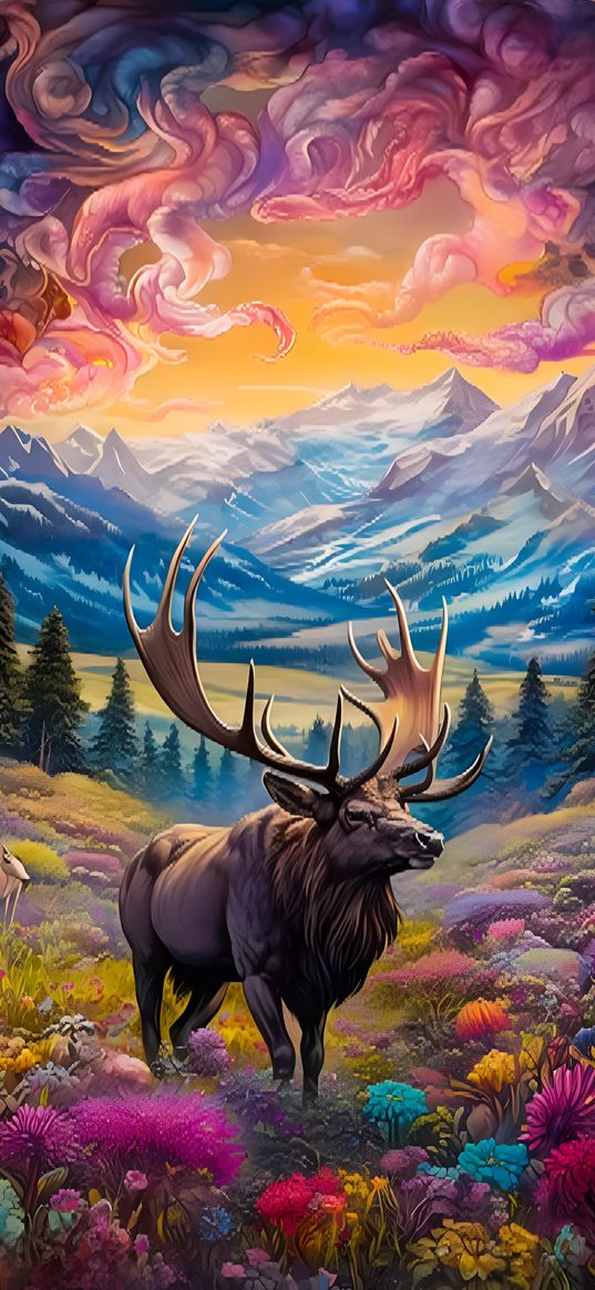 moose, flowers, forest, mountains, clouds, sky, landscape, nature, ai, art