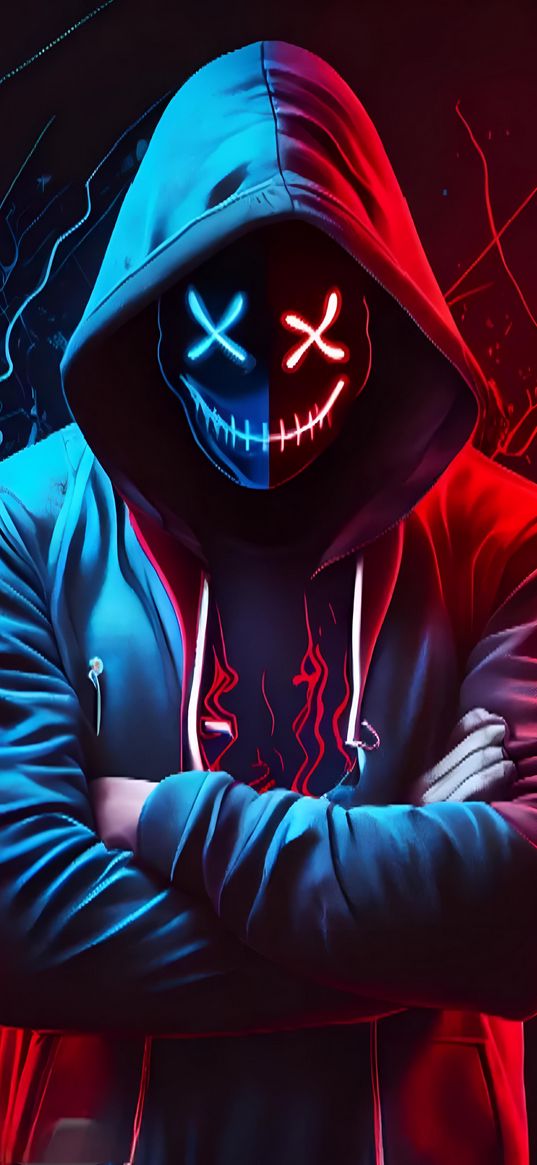 anonymous, mask, hood, hoodie, neon, red, blue, ai, art