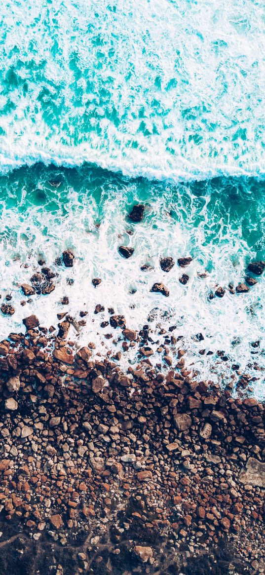 sea, waves, foam, shore, stones, pebbles, aerial view