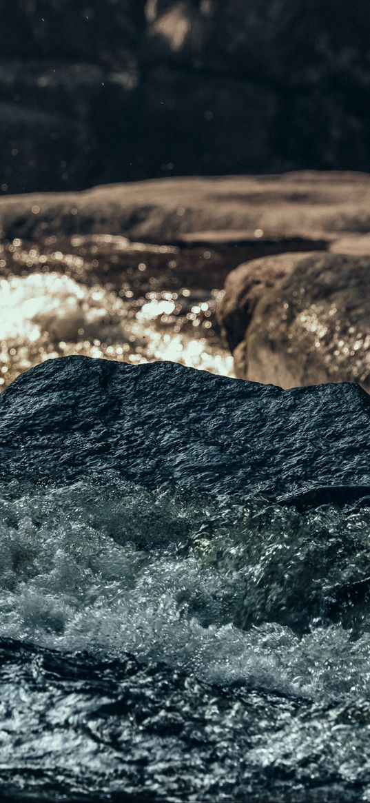 river, water, spray, stone, nature