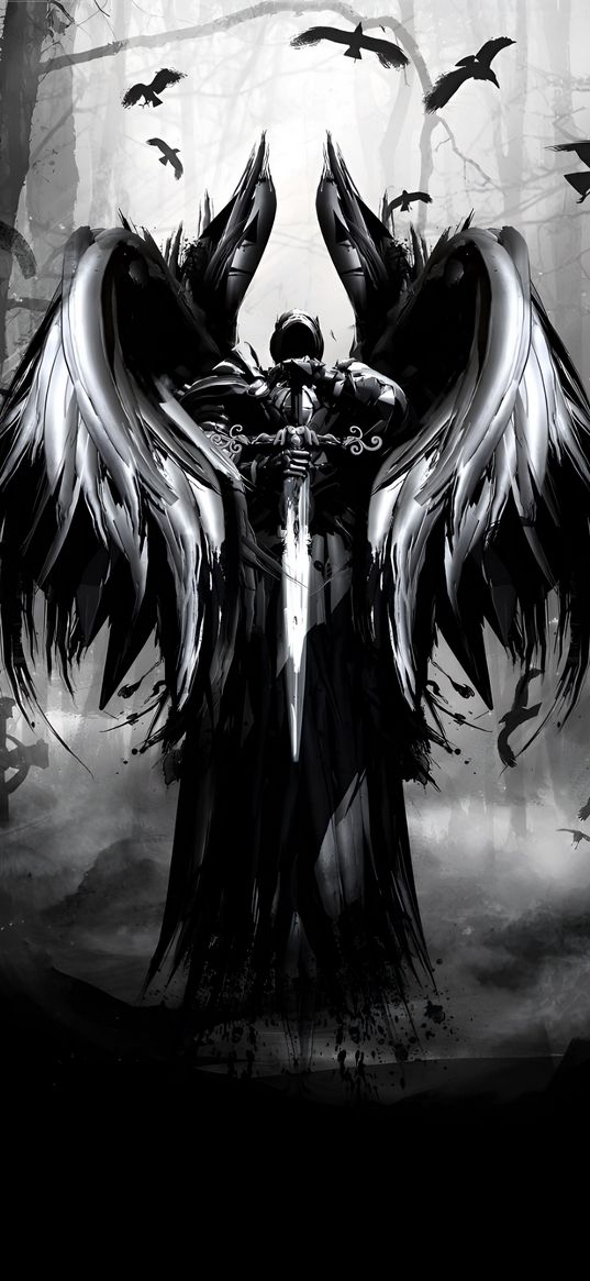 angel, sword, wings, armor, crows, cross, forest, fog, black and white, art