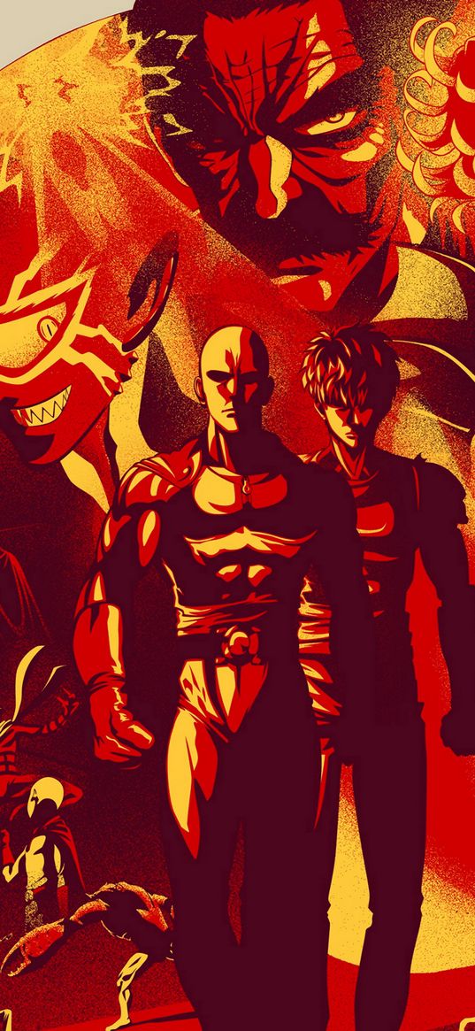 onepunchman, anime, characters, red, orange, poster, art