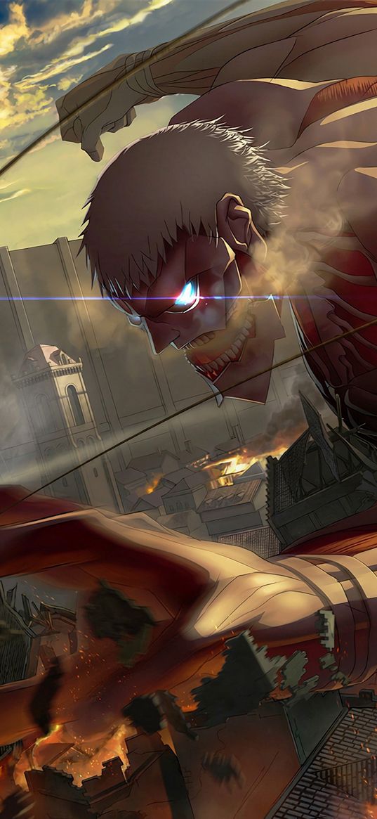 attack on titan, anime, titan, monster, giant, city, battle, destruction, art