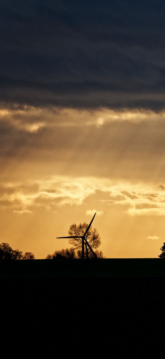 windmill, silhouette, trees, sunset