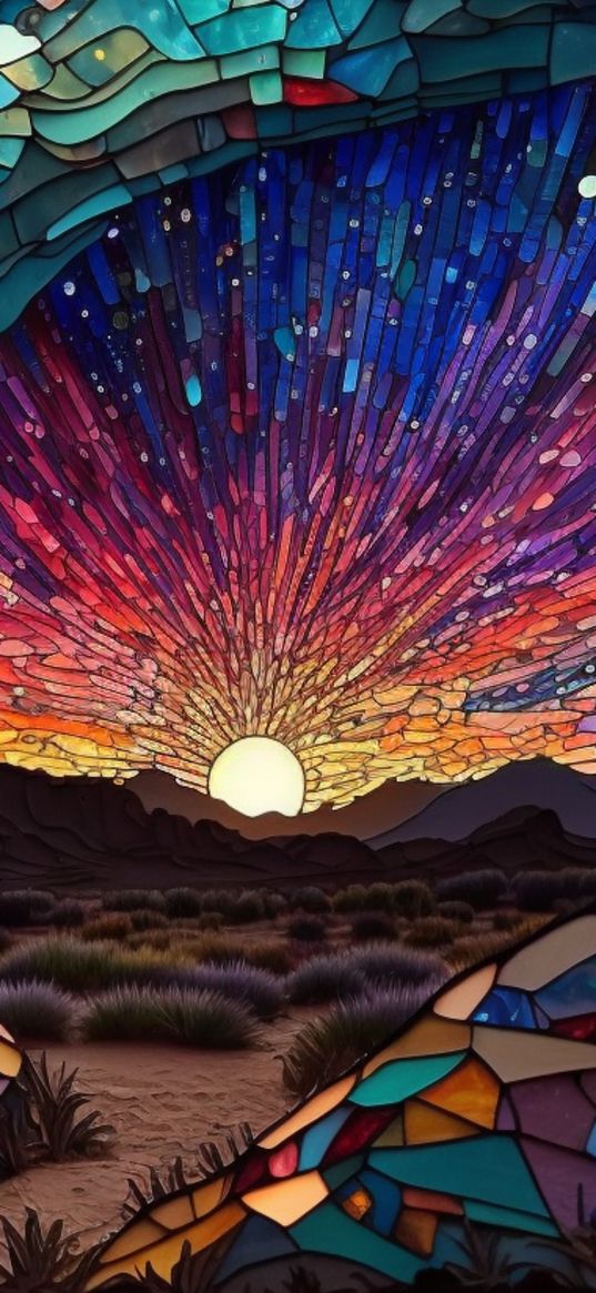 desert, mountains, sun, sky, sunset, landscape, nature, mosaic, art