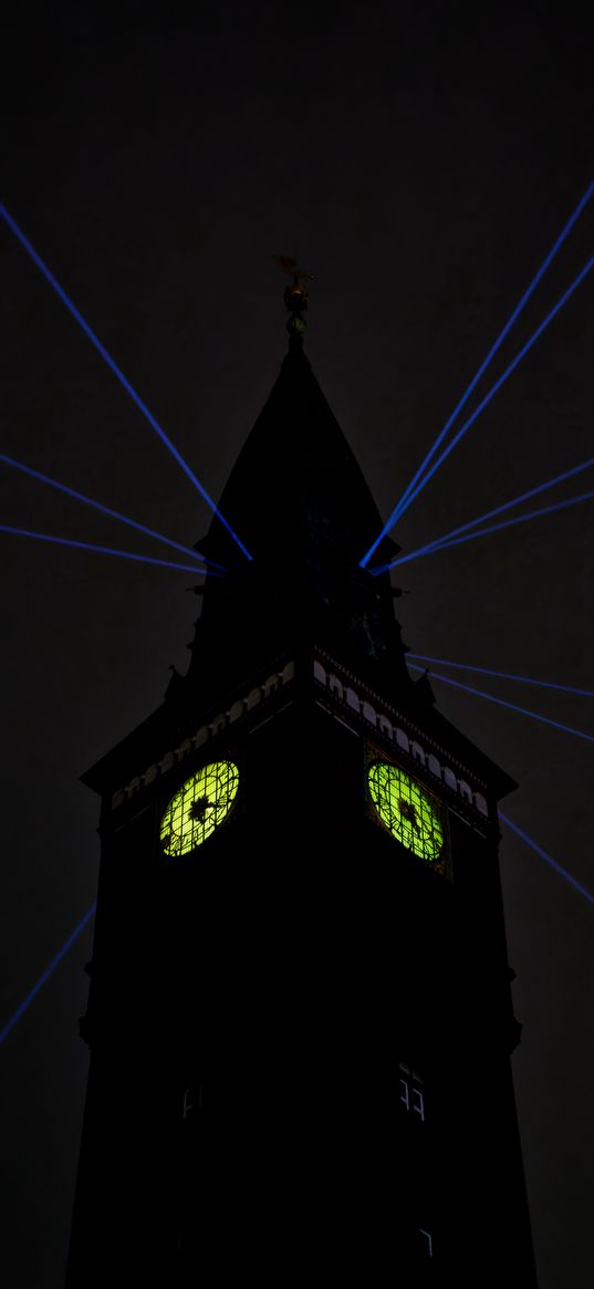 tower, clock, rays, light, dark