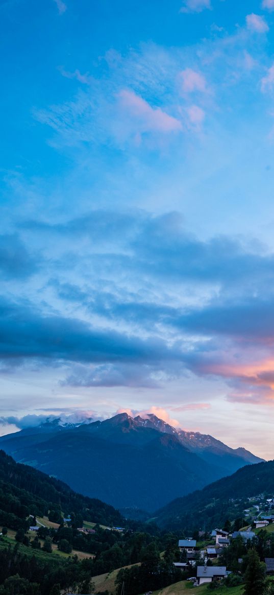 mountains, slopes, valley, trees, landscape, clouds