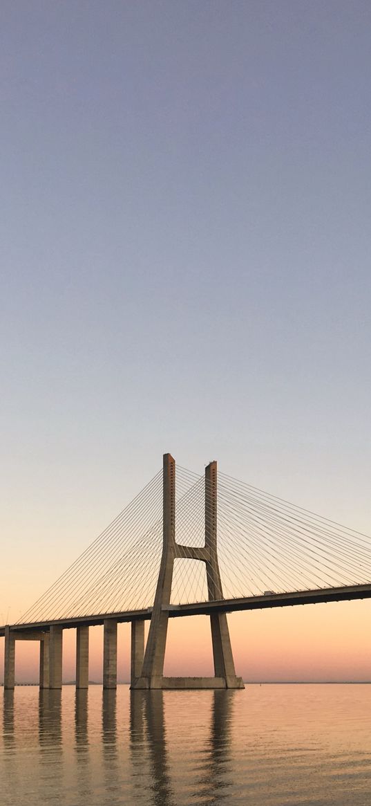 bridge, pilings, sea, sunrise