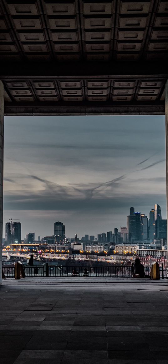 columns, building, embankment, river, evening, sky, moscow, city