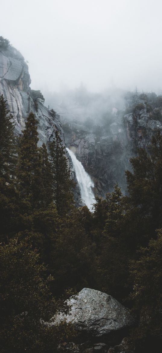 waterfall, rocks, trees, fog, landscape