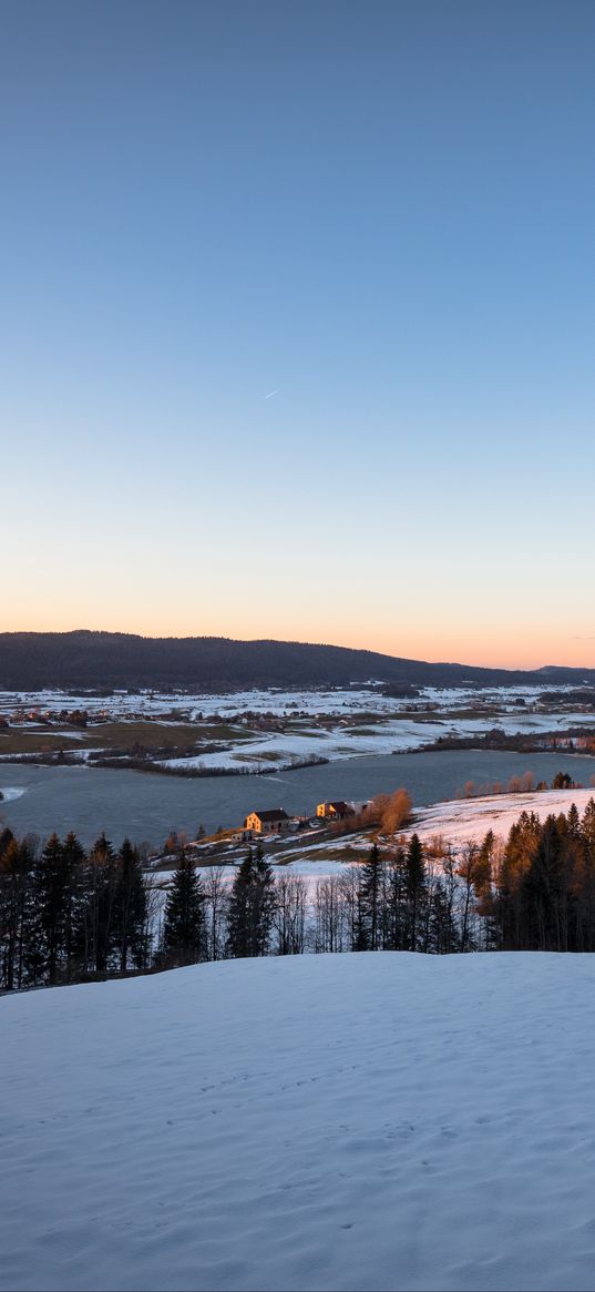 hills, snow, river, houses, nature