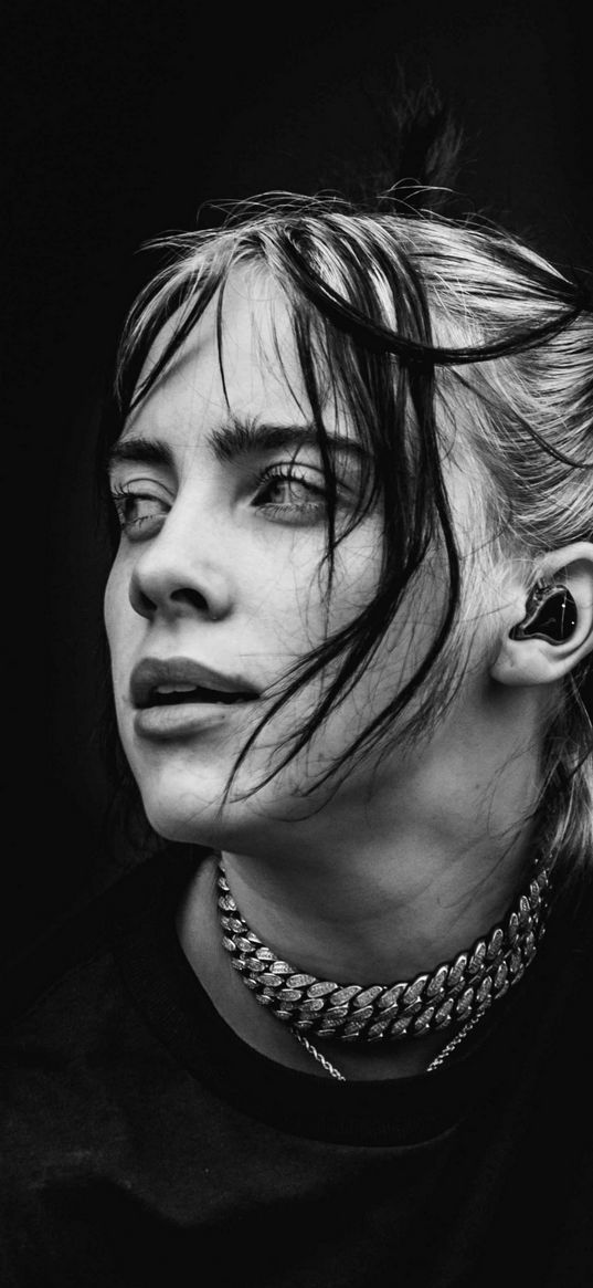 singer, girl, billie eilish, black and white, chains, earpods