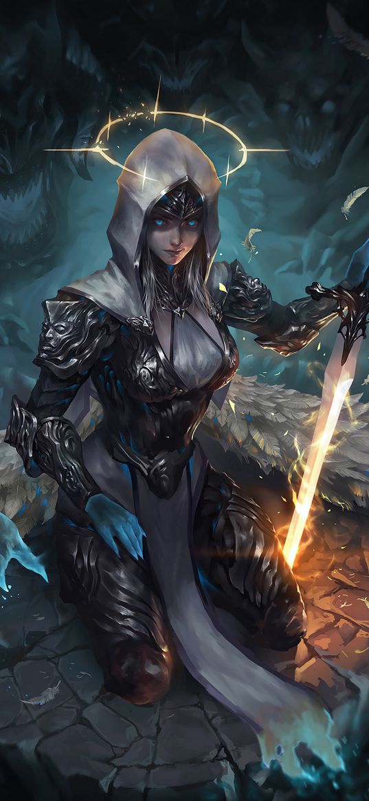 woman, warrior, sword, glowing eyes, armor, fantasy art