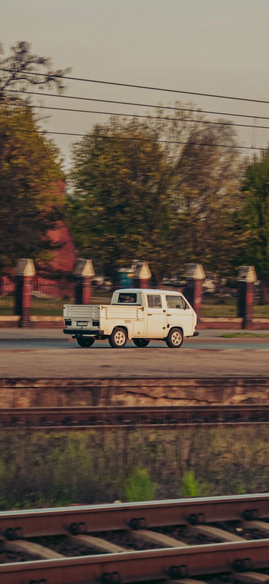 car, volkswagen, white, speed, railway