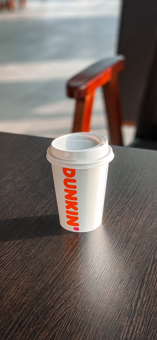 dunkin, glass, table