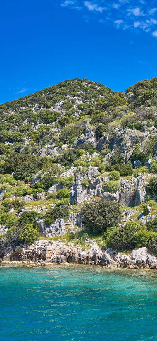 mountain, slope, rocks, sea, nature