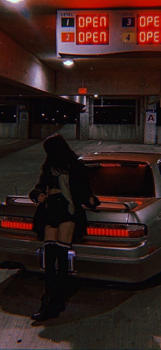 girl, car, nissan, parking, night