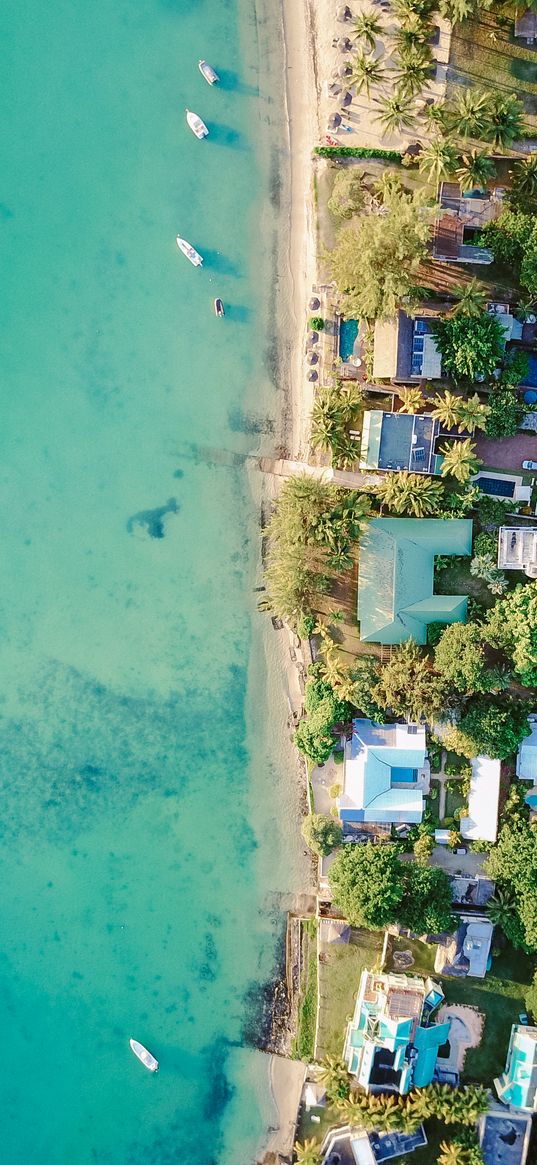 houses, roofs, shore, sea, boats, aerial view