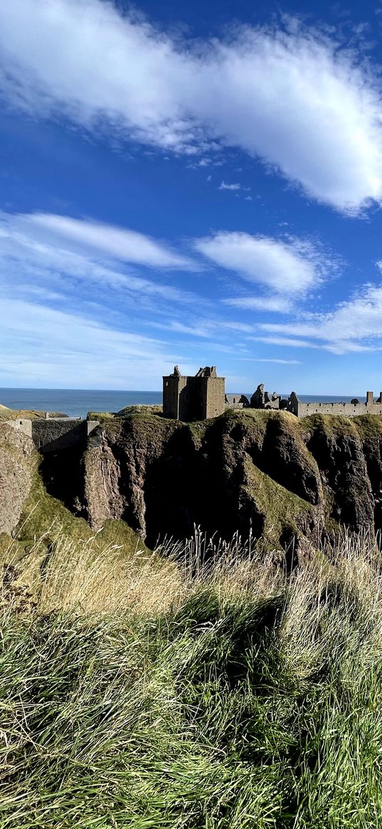 island, cliff, building, fortress, grass, sea