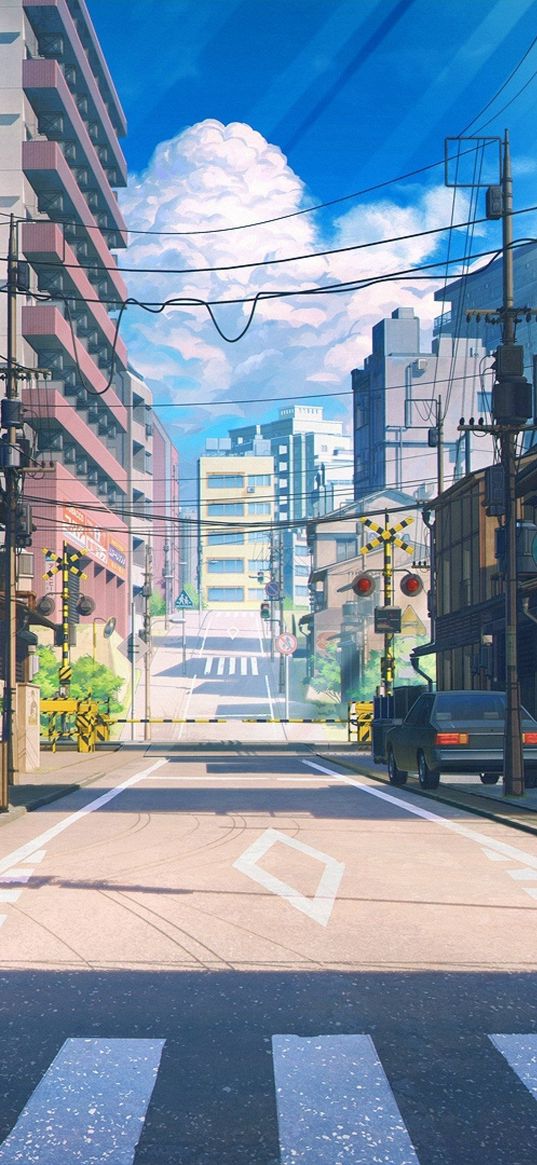 city, street, road, houses, car, anime, art