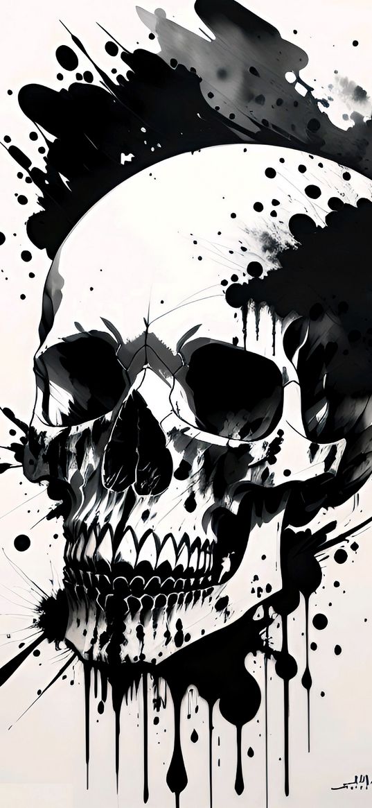 skull, paint, spots, black and white, art