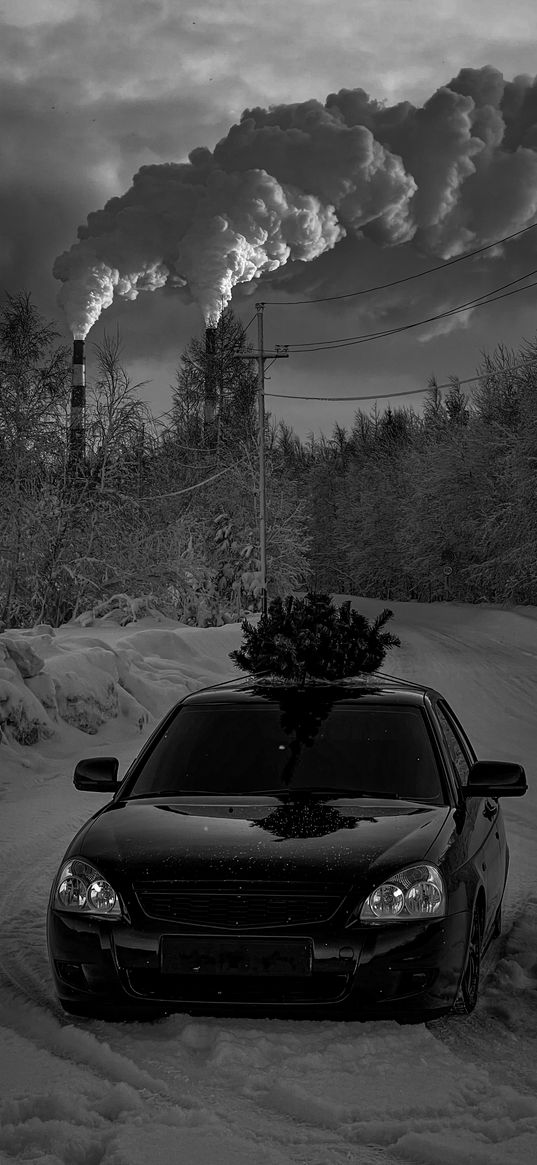 car, snow, winter, black and white, industrial, nature