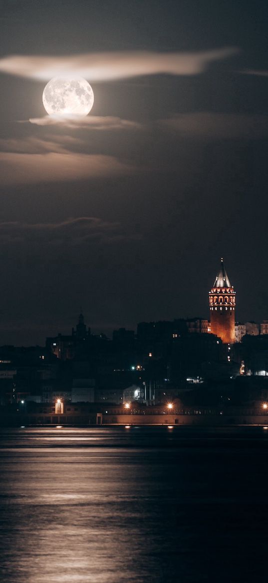 istanbul, night, view, city, moon