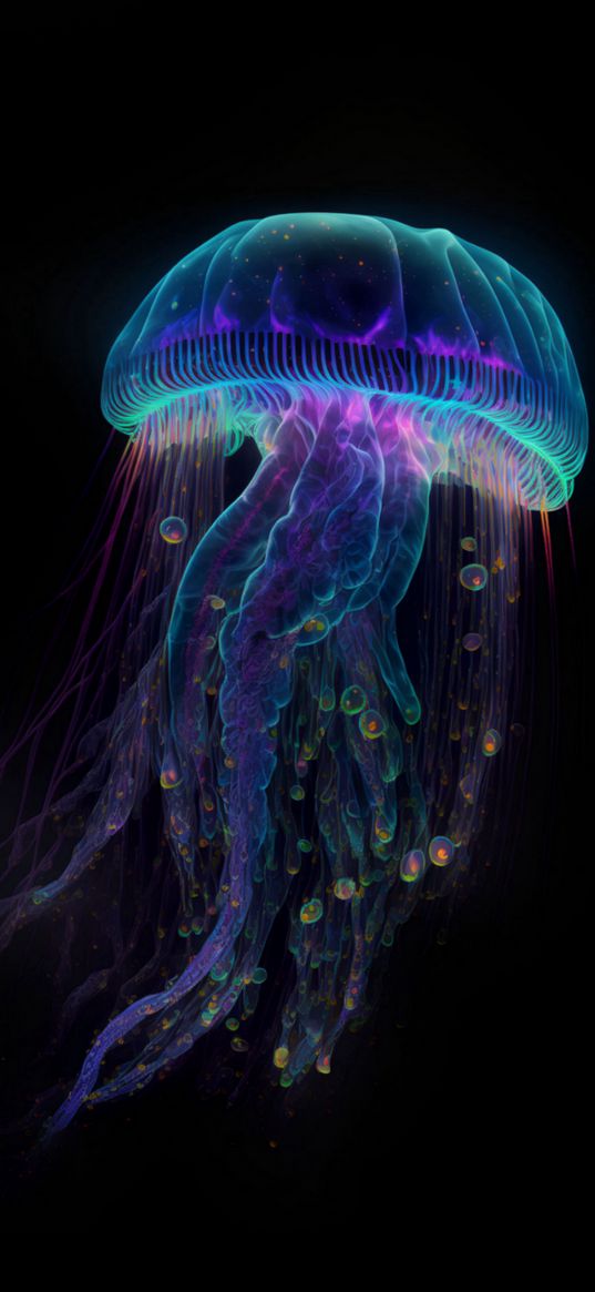 jellyfish, glow, blue, purple, art